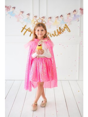 Fuşya  Payetli Kız Çocuk Parti Pelerini