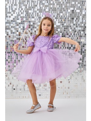 Lila  Boncuklu Pullu Kız Çocuk Elbise - Gloria