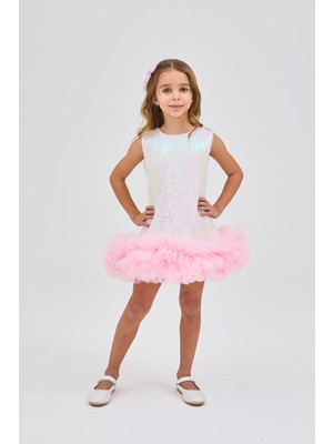 Beyaz  Etek Ucu Tüllü Pullu Kız Çocuk Elbise - Evie