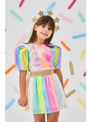 Çok Renkli Gökkuşağı Pullu Kız Çocuk Etek - Dena