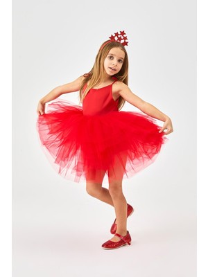 Kırmızı  Tütü Etekli Askılı Kız Çocuk Balerin Elbise - Jade