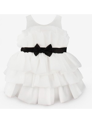 Ekru  Önü Fiyonklu Katlı Kız Çocuk Elbise - Laney