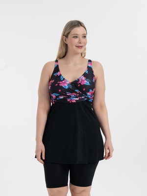 AQUAVİVA Kadın Büyük Beden Siyah Pembe Çiçek Desen Kruvaze Taytlı Toparlayıcı Elbise Mayo