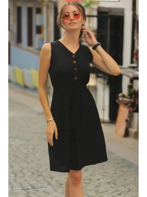 Defy Moda Kadın V Yakalı Önden Düğme Detay Beli Lastikli Keten Kısa Elbise