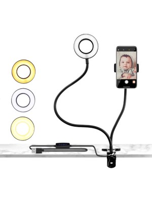Telefon Tutucu Tripod Canlı Yayın Youtuber Tripot Live 3 Renk LED Işıklı Ayarlanbilir USB Masa Lambası Metal Ayaklı Kıskaçlı