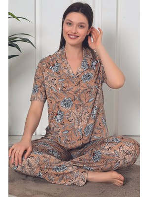 Intensive Collection Kısa Kollu Kahverengi Desenli Önden Düğmeli Kısa Kol Kadın Pijama Takımı