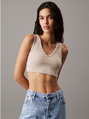 Calvin Klein Kadın Günlük Tarz Bej Rıb Bralette Kısa Kol Dokuma Malzeme Regular Fit