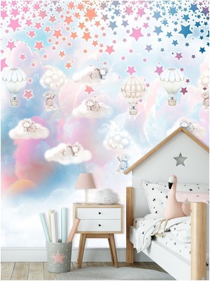 Duvar Kağıdı Yıldızlar Bulutlar Ayıcıklar Balon Desenli En x Boy