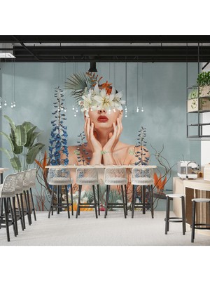 Çiçekler Içindeki Kadın Desenli Silinebilir Kumaş Duvar Kağıdı En x Boy