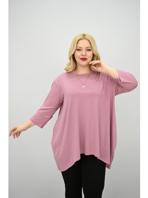 Moda Xlarge Kadın Büyük Beden Truvakar Kol Asimetrik Kesim Tunik 1964-25