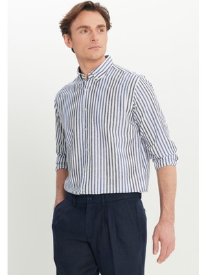 Pamuklu Keten Regular Fit Normal Kesim Düğmeli Yaka Çizgili Gömlek