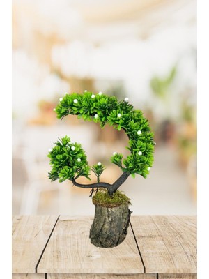 Yapay Çiçek Bonsai Ağacı Kütük Saksıda Beyaz Tomurcuklu Hilal Model Dekoratif Yapay Ağaç Bonzai 30*20 cm