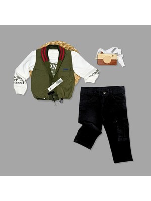 Yelek-Cep Detaylı Pantolon-Baskılı Sweat 3’lü Takım