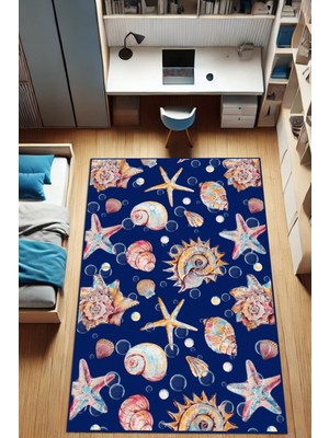 The Reef Design Deniz Yıldızlı Desenli Halı Deniz Kabuklu Halı Deniz Temalı Dijital Baskılı Kaymaz Antialerjik Yazlık Odası Halısı