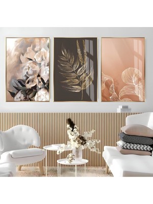 soft|pembe-Kahve Soyut Çiçek Kombini |çerçeveli Cam Tablo 3lü Dikey