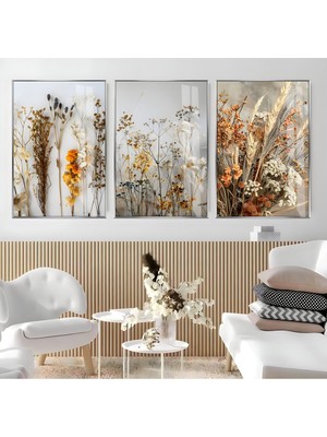 soft|canlı Renk Kuru Bitki Çiçek Kombini|çerçeveli Cam Tablo 3lü Dikey