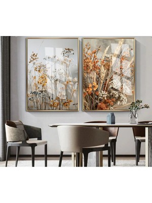 soft|canlı Renk Kuru Bitki Çiçek Kombini|çerçeveli Cam Tablo 3lü Dikey