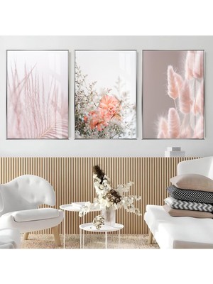 soft Pembe| Çiçek Kombini |çerçeveli Cam Tablo 3lü Dikey