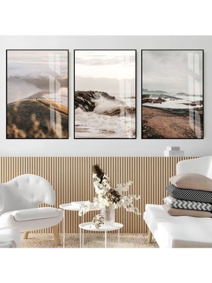 soft|kahve Tonlar Göl-Dağ Manzara Kombini (Brown) |çerçeveli Cam Tablo 3lü Dikey