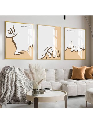 sarı-Bej Subhanallah-Alhamdulillah-Allahekber Kombini|çerçeveli Cam Tablo  3lü Dikey