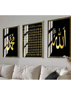 gold Esma'ül Husna - Muhammed Islami Kombin |çerçeveli Cam Tablo  3lü Dikey
