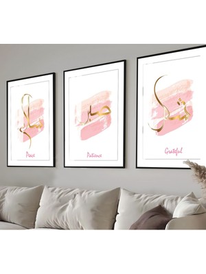 gold-Pembe Arapça Sabır-Şükür-Barış Islami Kombini |çerçeveli Cam Tablo  3lü Dikey