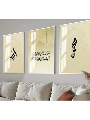 soft Yeşil Şehadet-Allah-Muhammed Islami Kombini |çerçeveli Cam Tablo  3lü Dikey