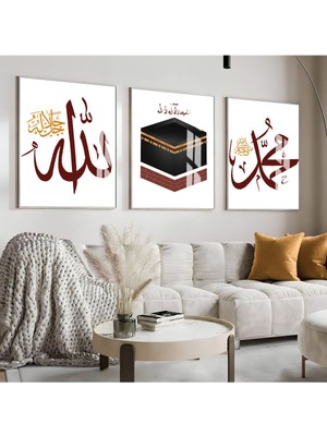 bordo Allah-Kabe-Muhammed Islami Kombini |çerçeveli Cam Tablo  3lü Dikey