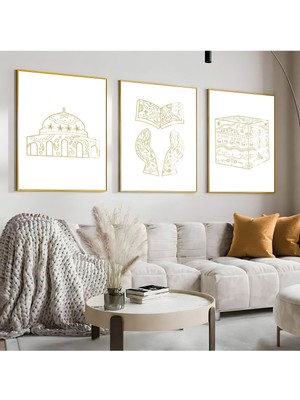 krem Kabe-Dua-Aksa Islami Desenli Kombini |çerçeveli Cam Tablo  3lü Dikey