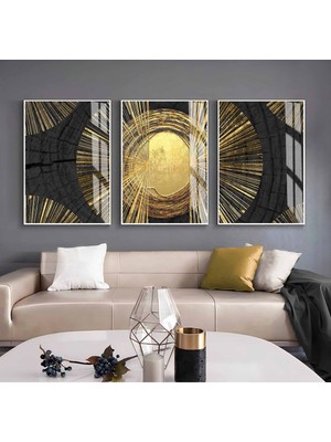 siyah-Gold Etnik Soyut Kombini|çerçeveli Cam Tablo  3lü Dikey