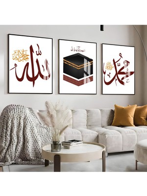 bordo Allah-Kabe-Muhammed Islami Kombini |çerçeveli Cam Tablo  3lü Dikey