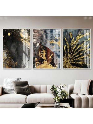 gold-Siyah Soyut Yaprak  Desenli Kombini|çerçeveli Cam Tablo  3lü Dikey