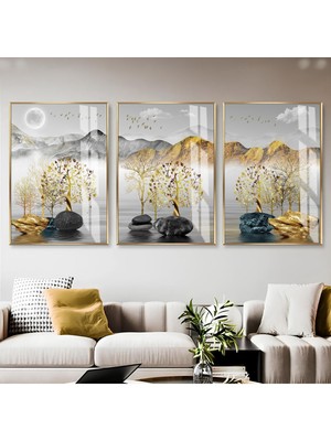 gold-Gri Ağaç Dağ Manzara Kombini |çerçeveli Cam Tablo  3lü Dikey