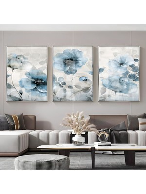 soft Mavi Çiçekli Kombini |çerçeveli Cam Tablo  3lü Dikey