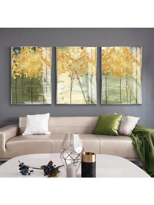 gold-Yeşil Ağaç Desenli Kombini|çerçeveli Cam Tablo  3lü Dikey
