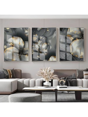 gold-Gri Soyut Çiçekli Kombini 01|çerçeveli Cam Tablo  3lü Dikey