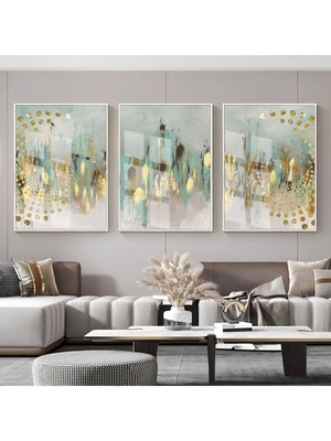 gold-Turkuaz Soyut Desenli Kombini|çerçeveli Cam Tablo  3lü Dikey
