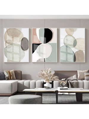 soft Bej-Krem Soyut Desen Kombini |çerçeveli Cam Tablo  3lü Dikey