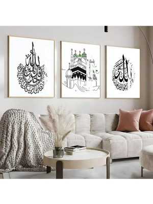 siyah-Beyaz Ihlas-Salavat-Kabe Islami Kombini |çerçeveli Cam Tablo  3lü Dikey