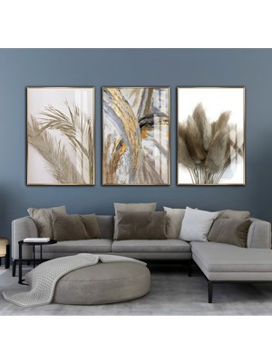 bej-Krem-Gold Bitki Desenli Soyut Kombini |çerçeveli Cam Tablo  3lü Dikey