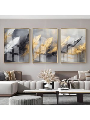 gri-Siyah-Gold Soyut Tüy Desen Kombini |çerçeveli Cam Tablo  3lü Dikey