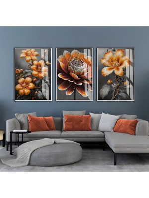 turuncu-Gri Çiçekli Kombin Seti |çerçeveli Cam Tablo  3lü Dikey