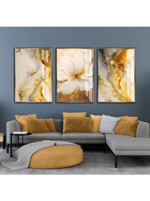 gri-Gold Soyut Soft Çiçek Kombini |çerçeveli Cam Tablo  3lü Dikey