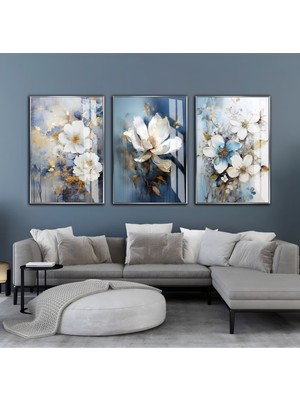 gri-Mavi Soft Çiçek Kombini |çerçeveli Cam Tablo  3lü Dikey