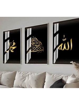 gold Allah-Besmele-Muhammed Islami Kombin |çerçeveli Cam Tablo  3lü Dikey