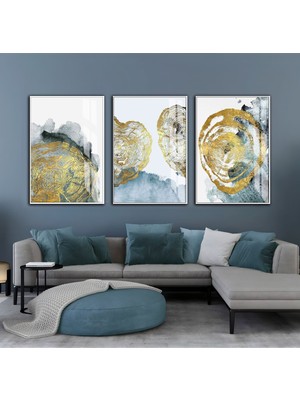 gri-Gold-Yeşil Soft Soyut Kombini |çerçeveli Cam Tablo  3lü Dikey