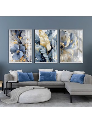 mavi-Sarı-Gri Çiçek Yaprak  Kombini |çerçeveli Cam Tablo  3lü Dikey