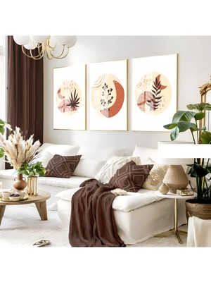 krem-Beyaz Yapraklı Bohem Seti |çerçeveli Cam Tablo 3lü Dikey
