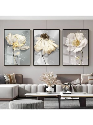 beyaz-Gold Papatya Çiçek Kombini |çerçeveli Cam Tablo  3lü Dikey