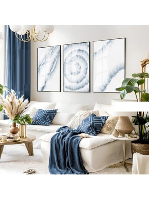 soft Mavi-Beyaz Soyut Bohem Seti |çerçeveli Cam Tablo 3lü Dikey